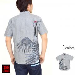 手描き半袖シャツ「群れる丹頂鶴」◆碧
