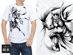 手描き半袖Tシャツ「風神雷神」(3)◆手描きの羽水