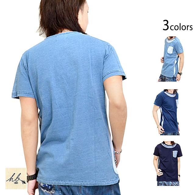 インディゴ衿切替胸ポケット半袖Tシャツ HB エイチビー HB0005