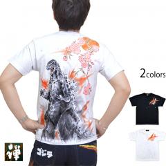 手描き半袖Tシャツ「夜桜ゴジラ」◆禅