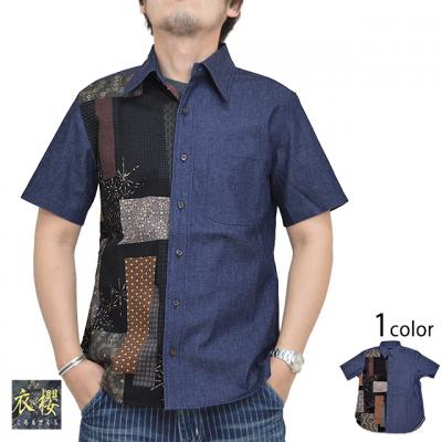 8ozデニムクレイジーパターン切替半袖レギュラーシャツ「大島紬調」◆衣櫻