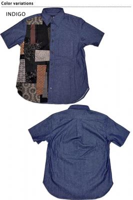 8ozデニムクレイジーパターン切替半袖レギュラーシャツ「大島紬調」◆衣櫻