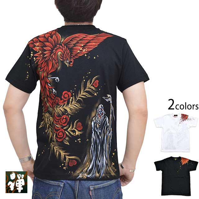 手描き半袖Tシャツ「朱雀と死神」 禅 KTH0072 和柄 和風 手書き