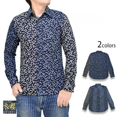 藍染調2トーン配色切替長袖レギュラーシャツ「古典」◆衣櫻
