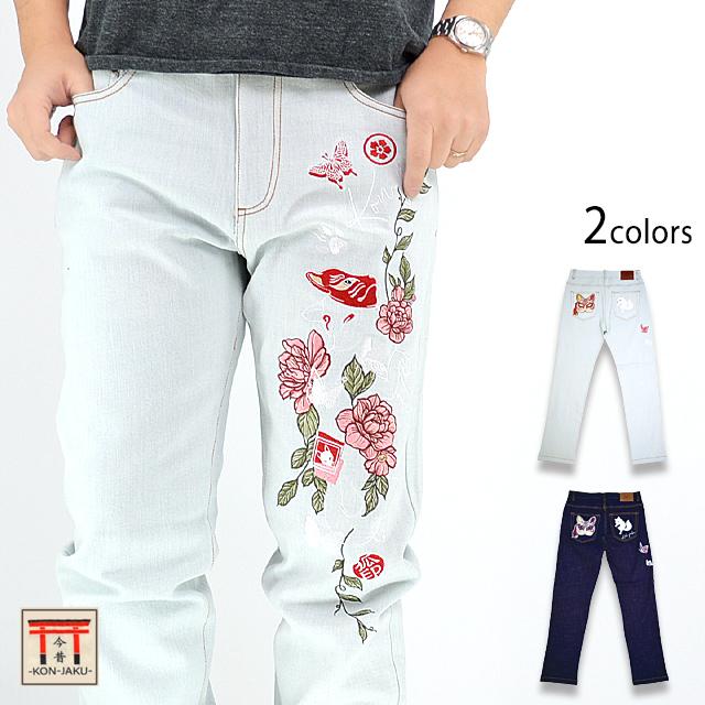 牡丹と狐のデニムジーンズ 今昔 KJ-29123 和柄 和風 キツネ きつね