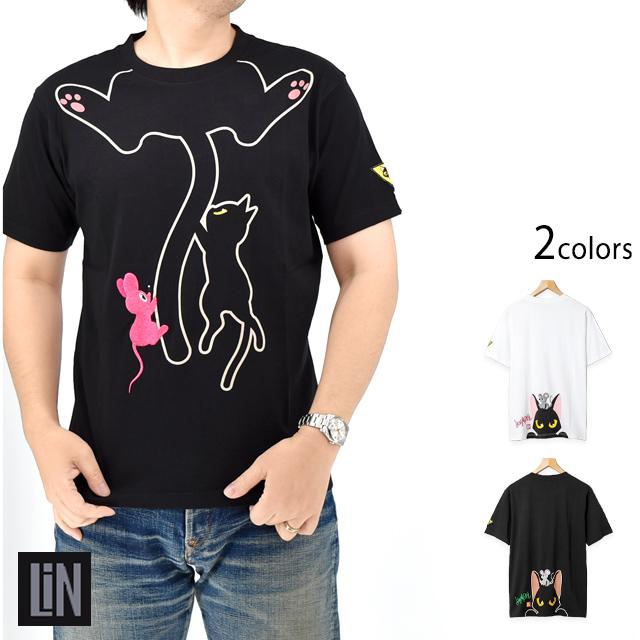 ラミ＆アール 何か見つけたの？半袖Tシャツ LIN AL-75109 黒猫 ネコ