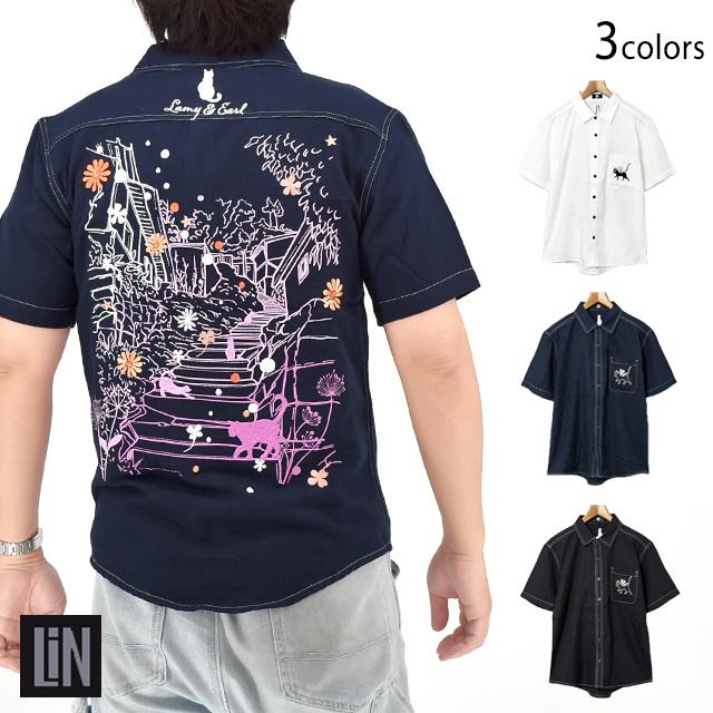 ラミ＆アール 路地裏の猫たち半袖シャツ LIN AL-75771 黒猫 ネコ
