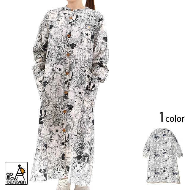 アニマル ノーカラーシャツワンピース go slow caravan レディース 350203 ゴースローキャラバン 動物 総柄 アニマル ノーカラーシャツワンピース go slow caravan レディース