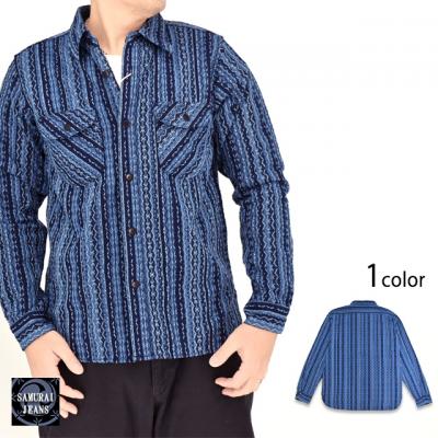 藍刺し子ストライプ長袖シャツ◆サムライジーンズ