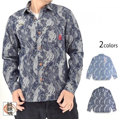 桜流水デニムジャガード長袖シャツ◆絡繰魂
