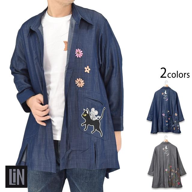 ラミ＆アール「猫の住む木総刺繍羽織風長め丈シャツ」 LIN AL-75766 黒