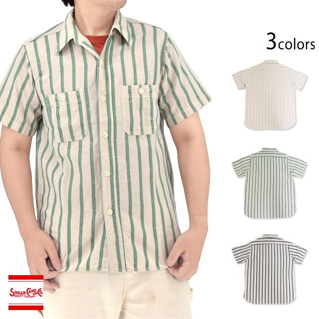 ドビーヘリンボンストライプ半袖ワークシャツ◇SUGAR CANE SC39727