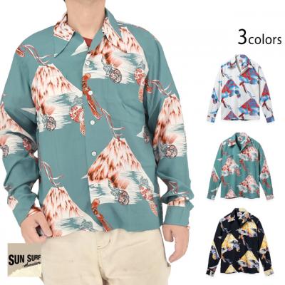 DUKE KAHANAMOKU SPECIAL EDITION 長袖レーヨンアロハシャツ「Mt.FUJI&LUCKY EGGPLANT」◆SUN SURF